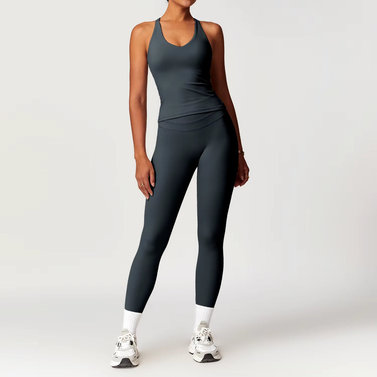 2-Piece Athleisure Outfit, V-Neck strappy Top & Wide Leg Pants, Breathable Workout Lounge Wear