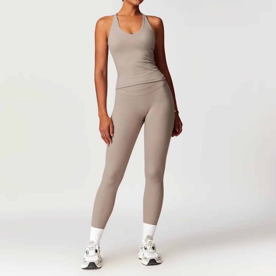 2-Piece Athleisure Outfit, V-Neck strappy Top & Wide Leg Pants, Breathable Workout Lounge Wear