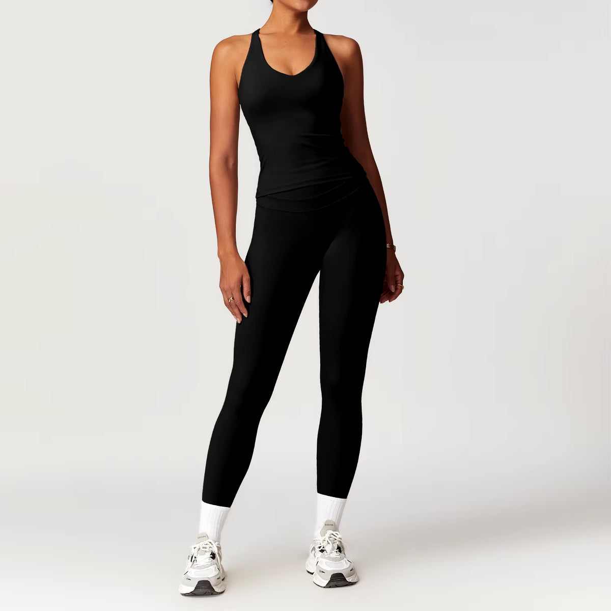 2-Piece Athleisure Outfit, V-Neck strappy Top & Wide Leg Pants, Breathable Workout Lounge Wear